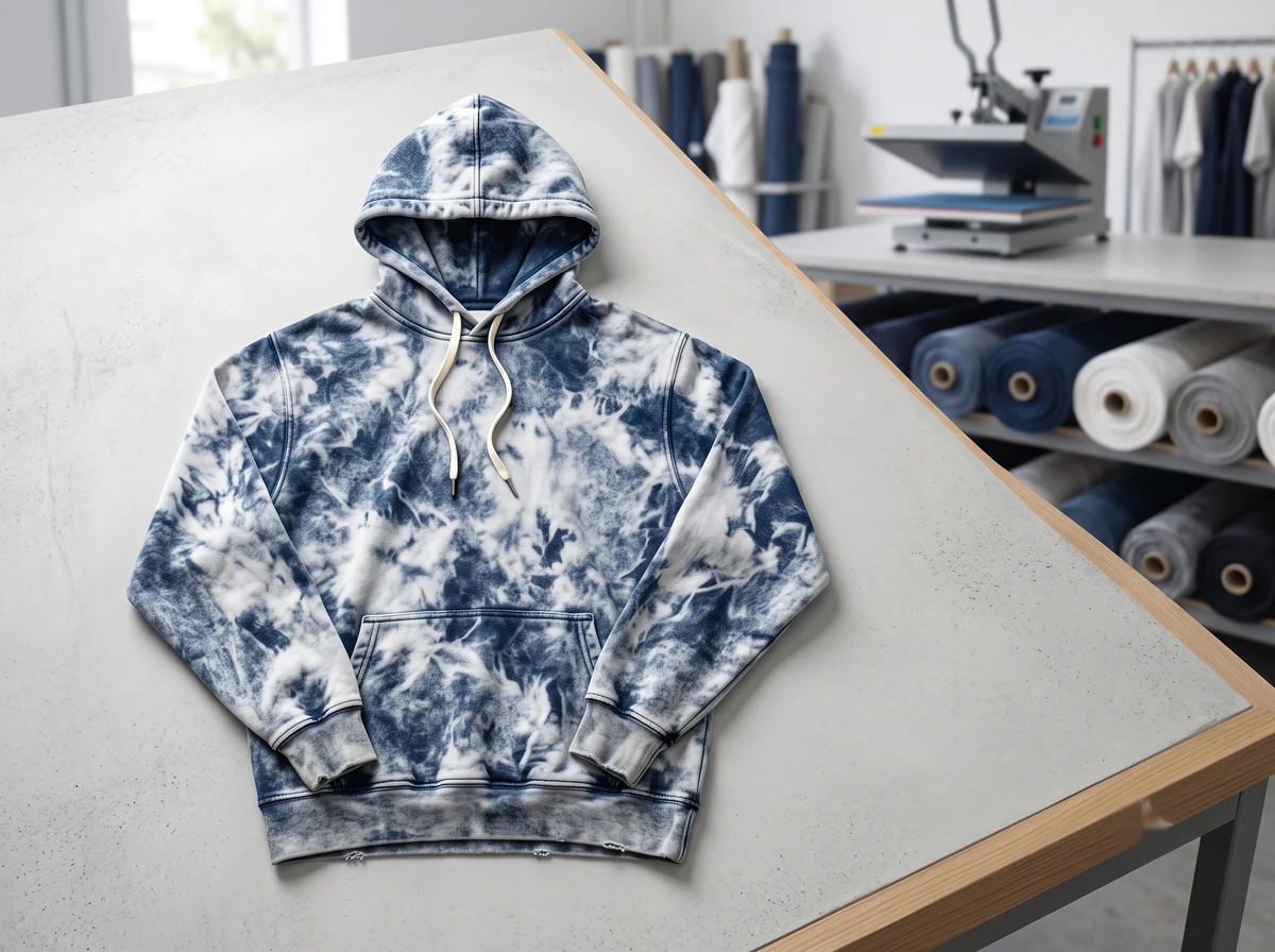 Acid wash clothing hoodie with high-contrast marbled vintage fade made by Linushi Manufacturer