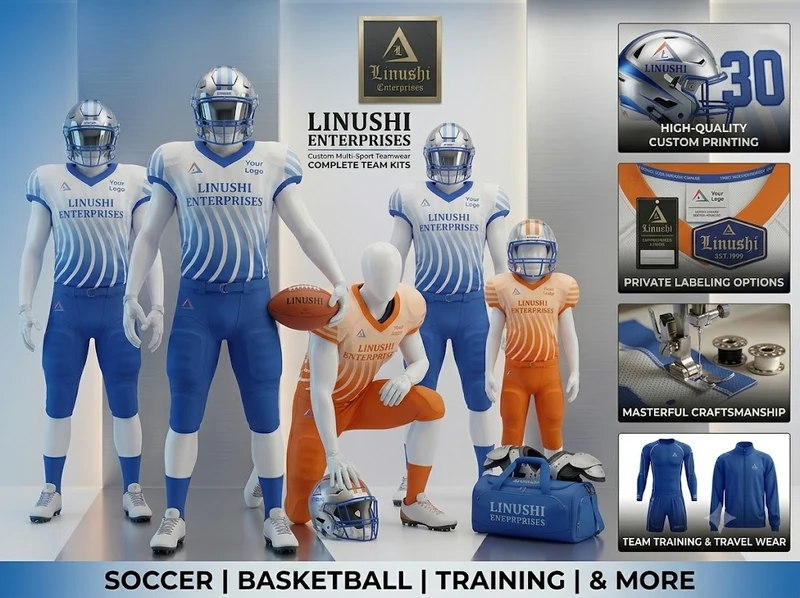 Custom American football uniform manufacturer's blue and orange team kits and jerseys