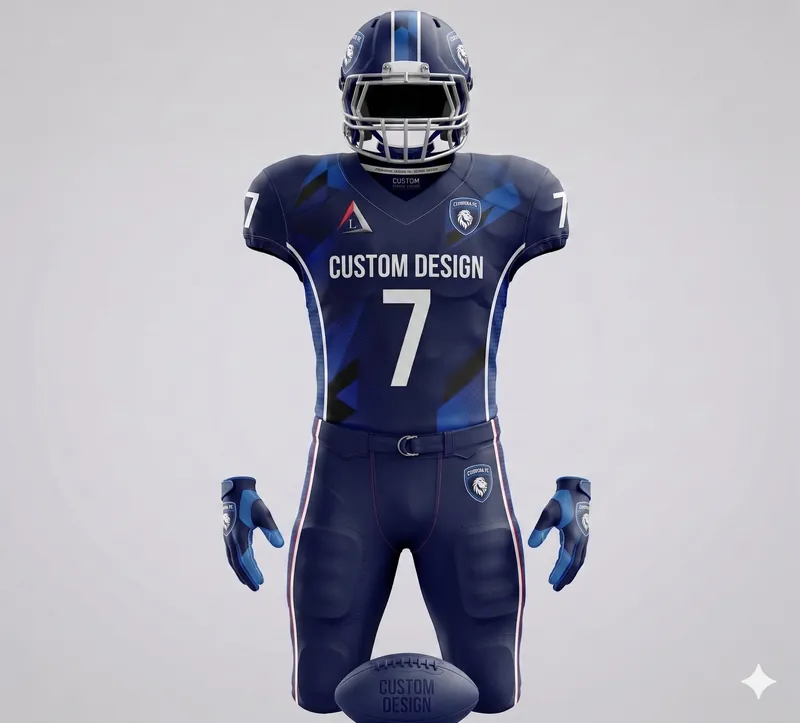Custom navy blue American football uniform with matching helmet, jersey, gloves and pads