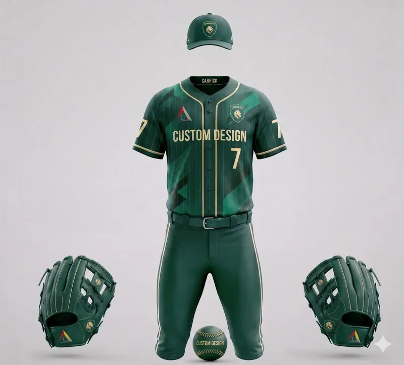 Custom green and gold baseball uniform with button-front jersey, pants and team cap