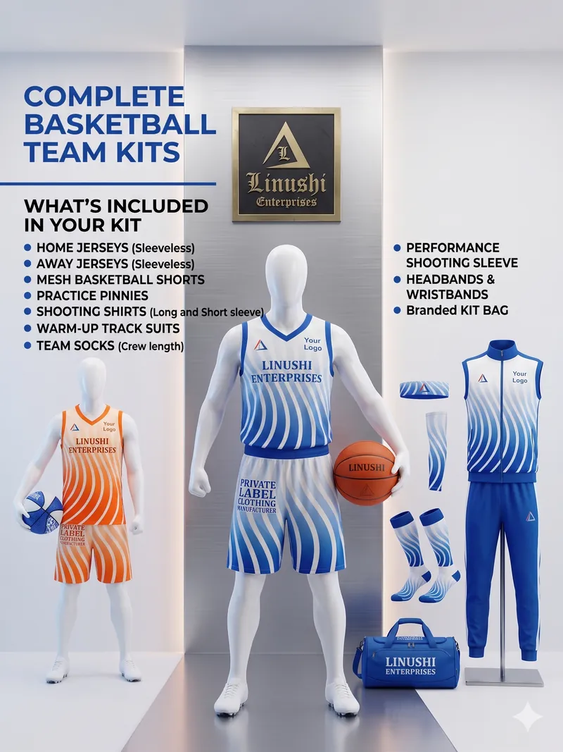 custom basketball team kit in blue and orange — sleeveless jerseys, mesh shorts, socks, warm-up tracksuit, shooting sleeve, headband and branded kit bag from an OEM sportswear factory