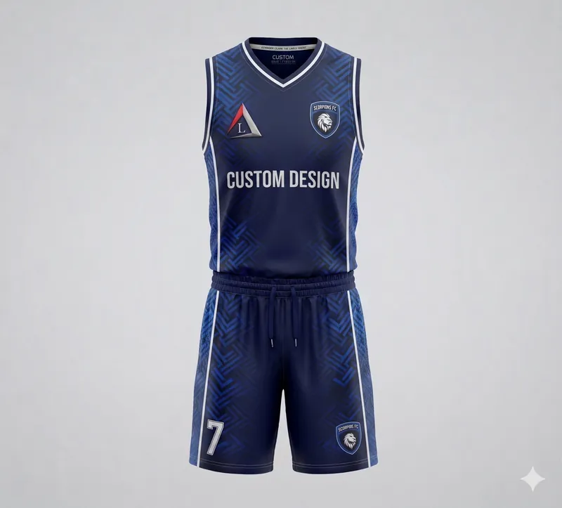 Custom navy blue basketball uniform with sleeveless jersey and shorts in a geometric maze print