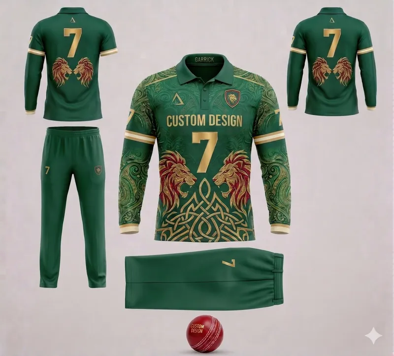 Custom green and gold cricket uniform with long-sleeve jersey, trousers and red match ball
