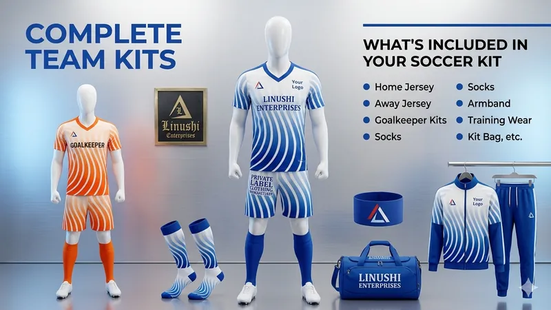 custom soccer team kit in blue and white — home and goalkeeper jerseys, shorts, socks, tracksuit, kit bag and armband