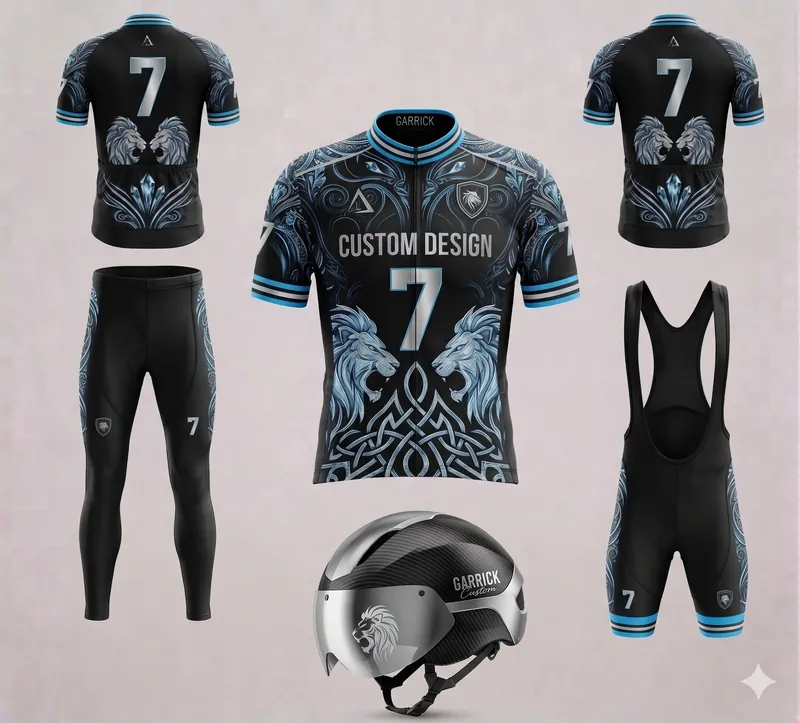 Custom black and blue cycling kit with sublimated jersey, bib shorts and aero helmet