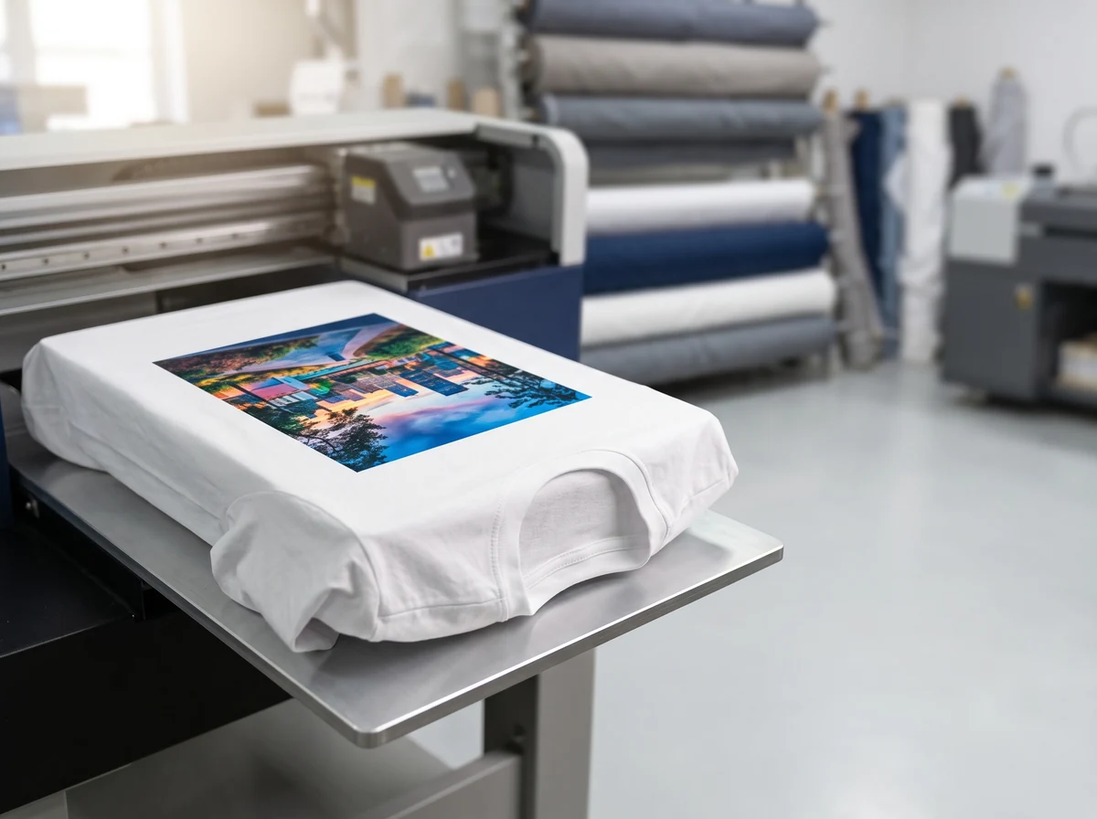 DTG direct-to-garment printing service producing a full-color cotton tee at Linushi