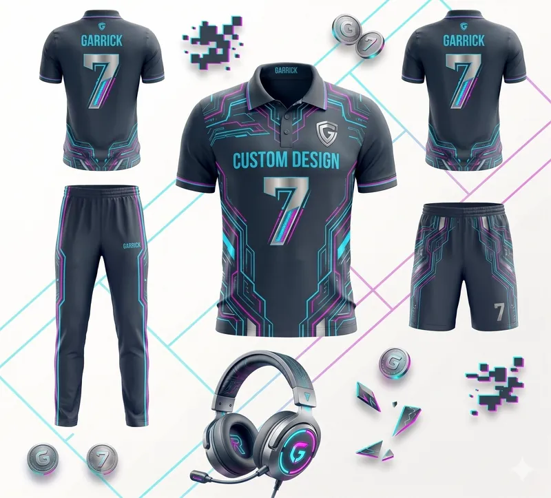 Custom black esports jersey with neon cyan and magenta gaming design and headset