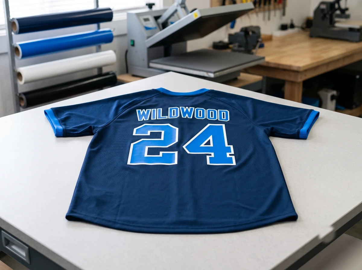 Heat transfer vinyl printing on a custom polyester jersey with crisp cut-vinyl numbering at a Linushi press station
