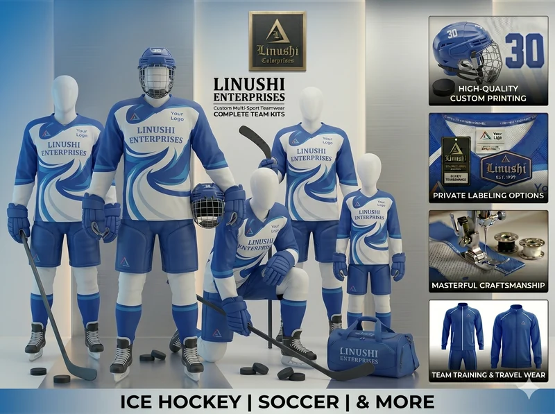 Custom ice hockey uniforms in blue and white showing complete team kits, helmets and travel wear from a hockey jersey manufacturer
