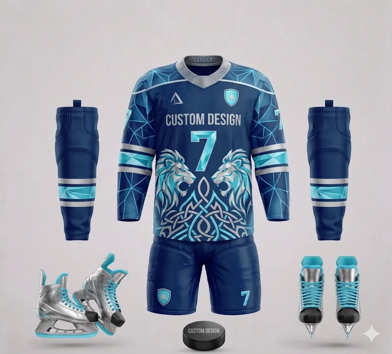 Custom blue ice hockey uniform with sublimated jersey, socks, skates and lion crest
