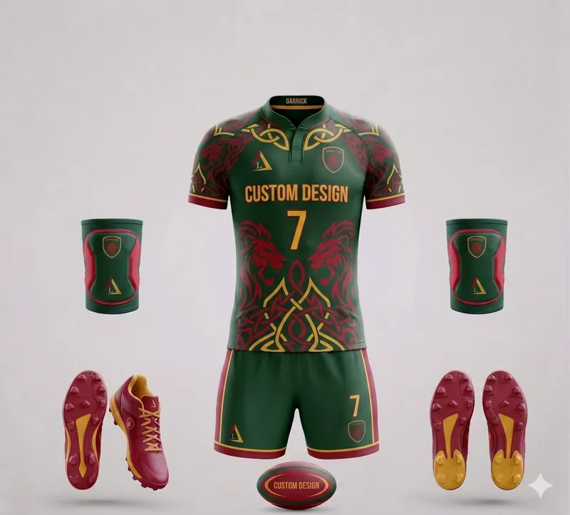 Custom green, maroon and gold rugby uniform with Celtic lion jersey, shorts and boots