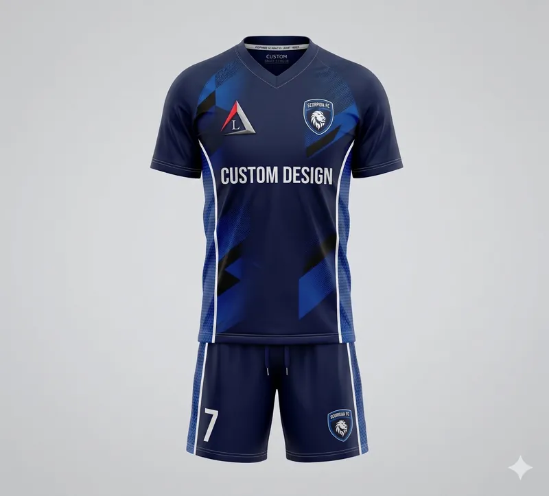 Custom navy blue soccer uniform with sublimated jersey, shorts and a lion team crest