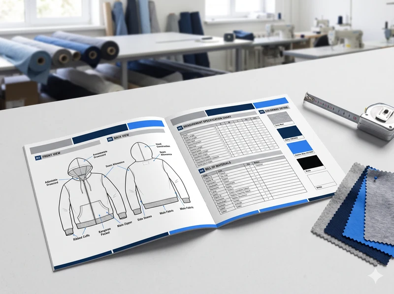 Tech pack services sample showing a flat technical sketch, graded measurement spec chart and bill of materials for an apparel garment