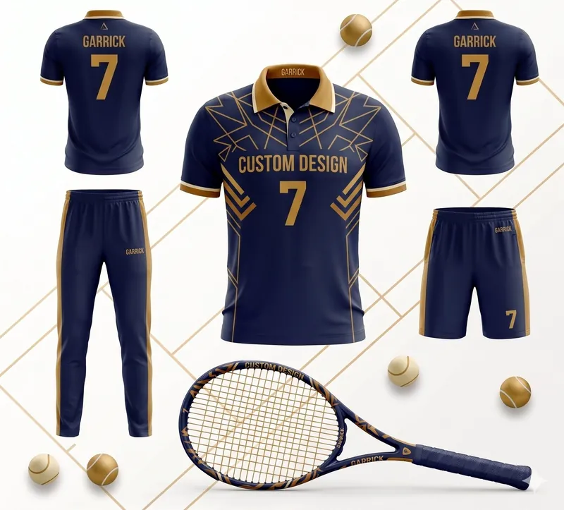 Custom navy blue and gold tennis kit with polo shirt, shorts, trousers and racquet
