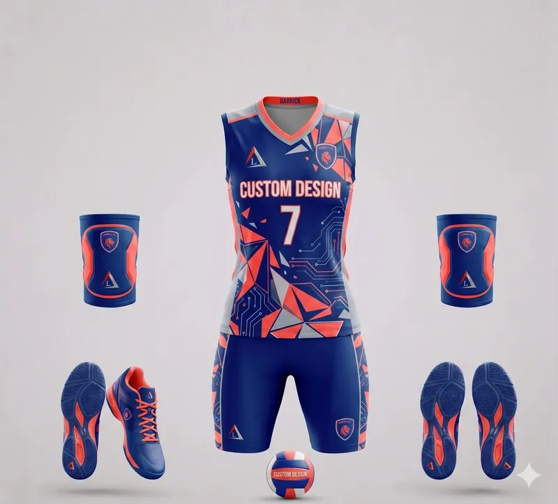 Custom blue and orange volleyball uniform with sleeveless jersey, shorts and knee pads
