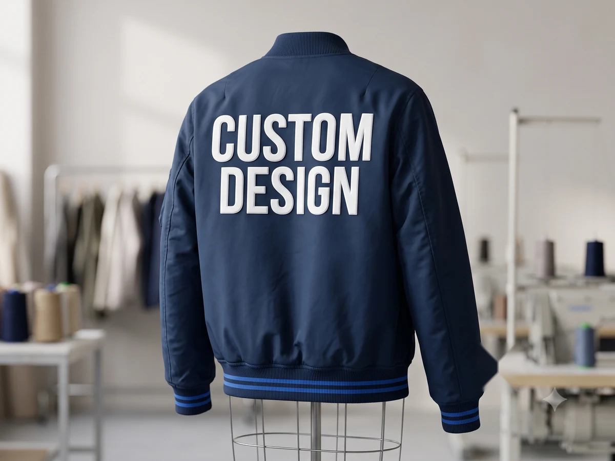 Custom MA-1 bomber jacket with a bold custom design print on the back panel, sewn by bomber jacket manufacturer Linushi