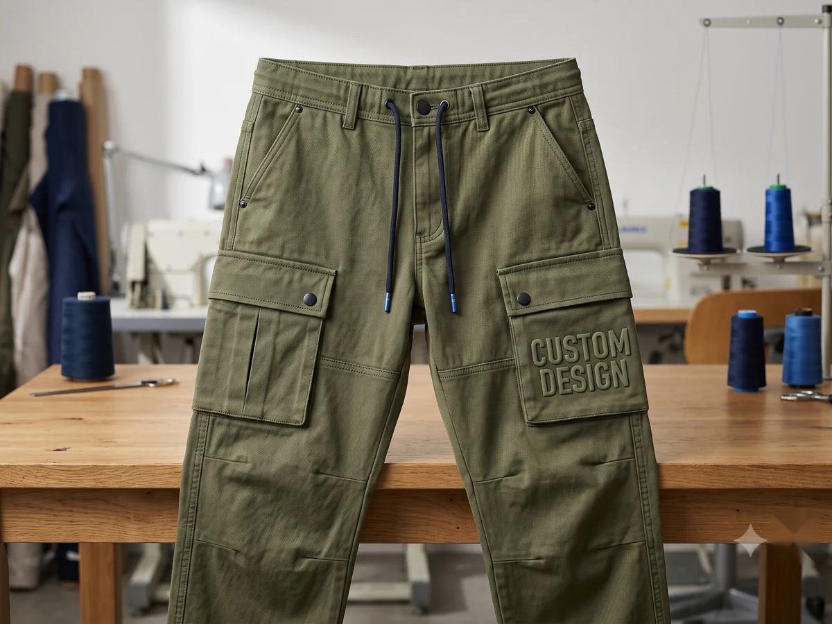 Cargo pant manufacturer sample — olive twill cargo pants with bold CUSTOM DESIGN print on the thigh pocket