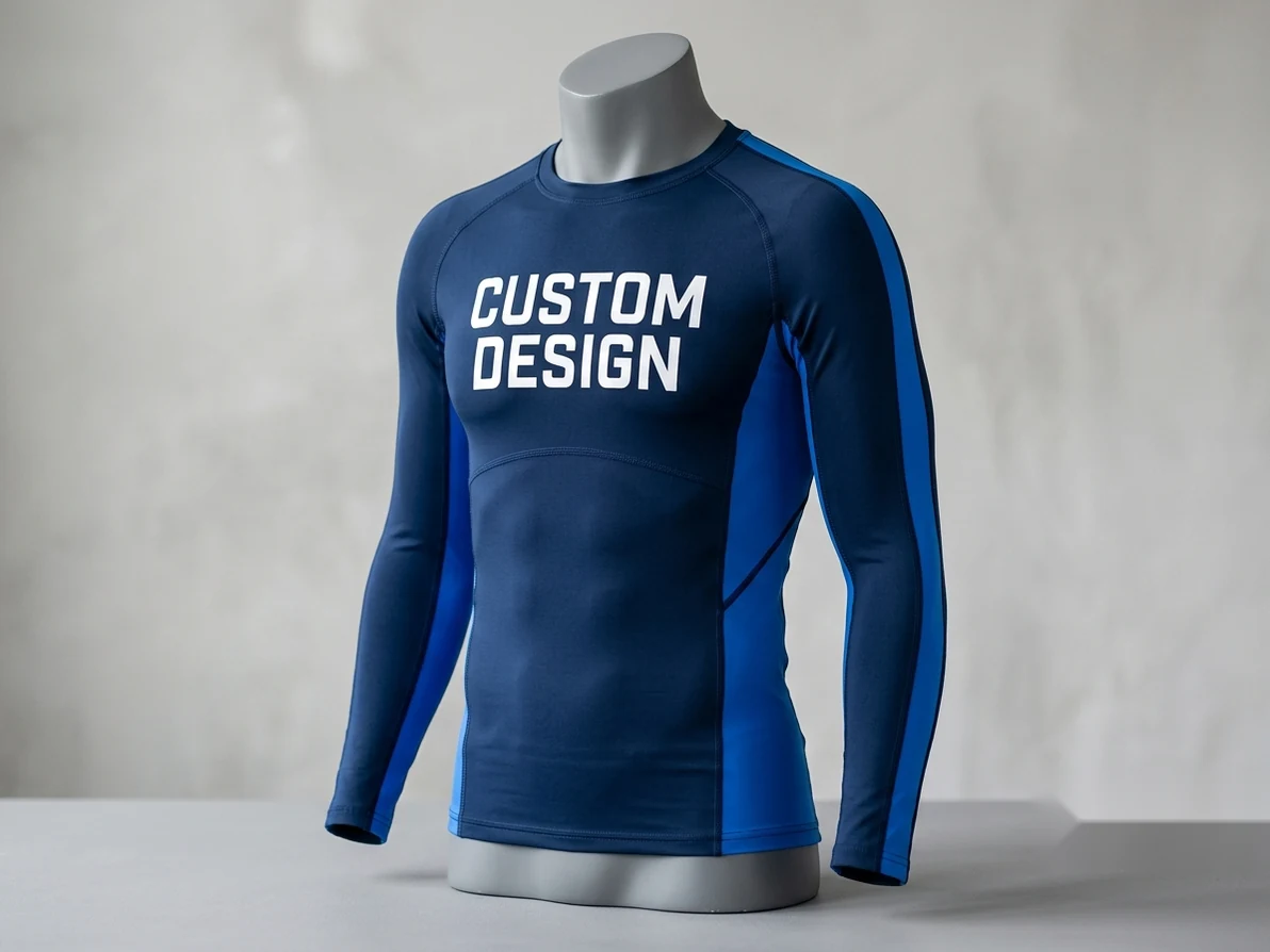 Compression wear manufacturer sample: a navy nylon-spandex compression long-sleeve top on a form with a bold CUSTOM DESIGN chest print and visible flatlock seams