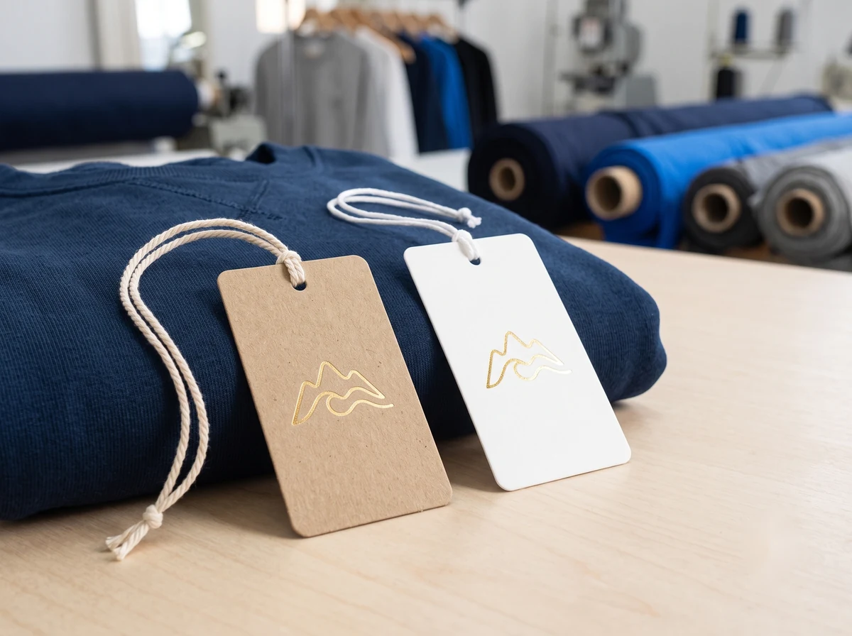 Custom clothing hangtags with a foil-stamped logo and cotton string attached to a folded apparel garment