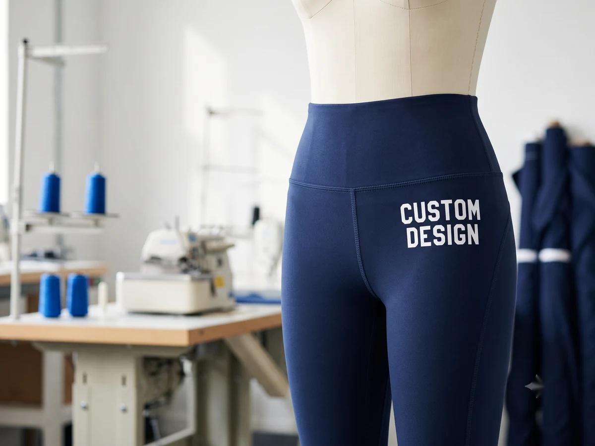 Sports leggings manufacturer sample &mdash; high-rise performance sports leggings with custom design print on the outer thigh, displayed on a form