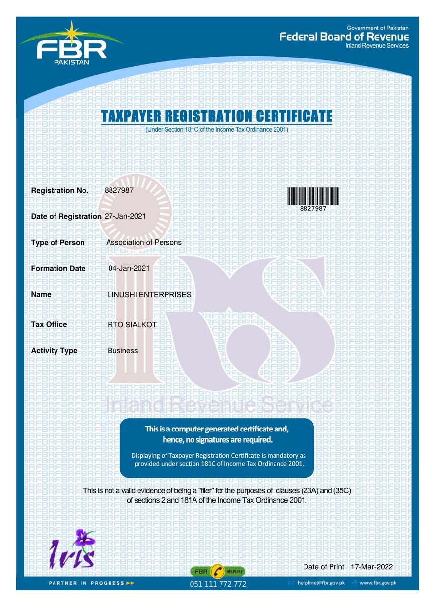 FBR Taxpayer Registration Certificate for Linushi Enterprises