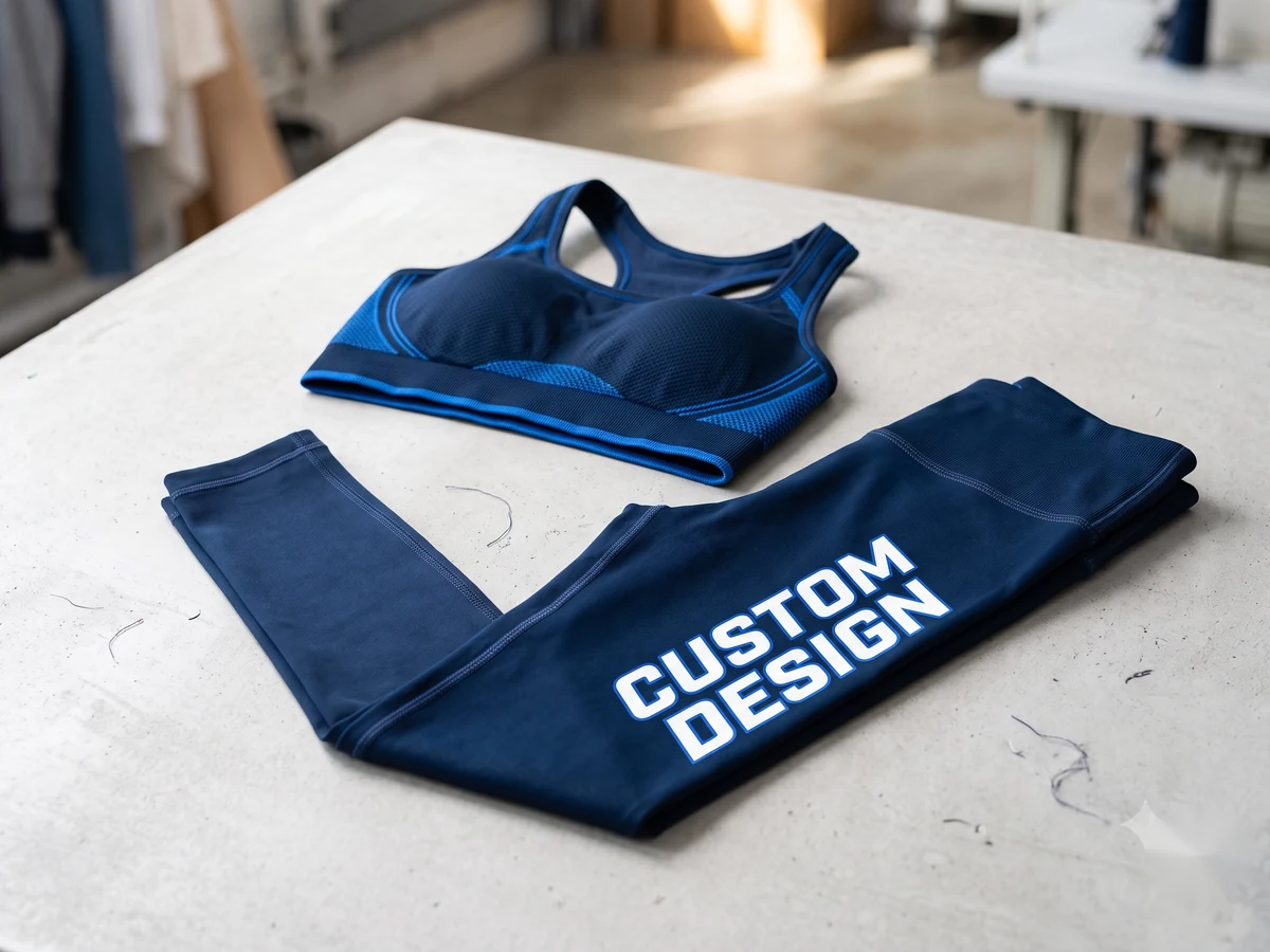 Custom activewear manufacturer sample: a matching navy leggings and sports bra set with a CUSTOM DESIGN print on the legging thigh