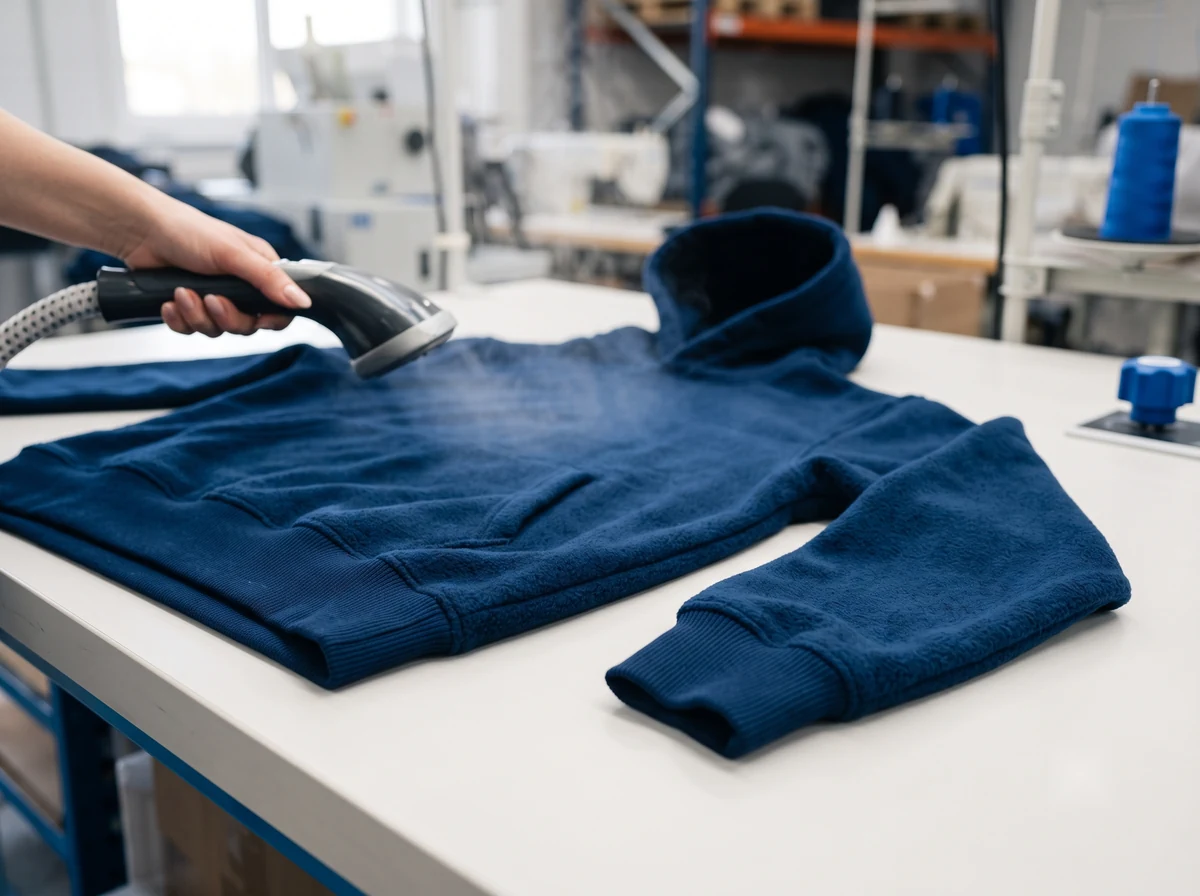 Hoodie manufacturer steaming a navy heavyweight fleece pullover hoodie on a factory finishing table