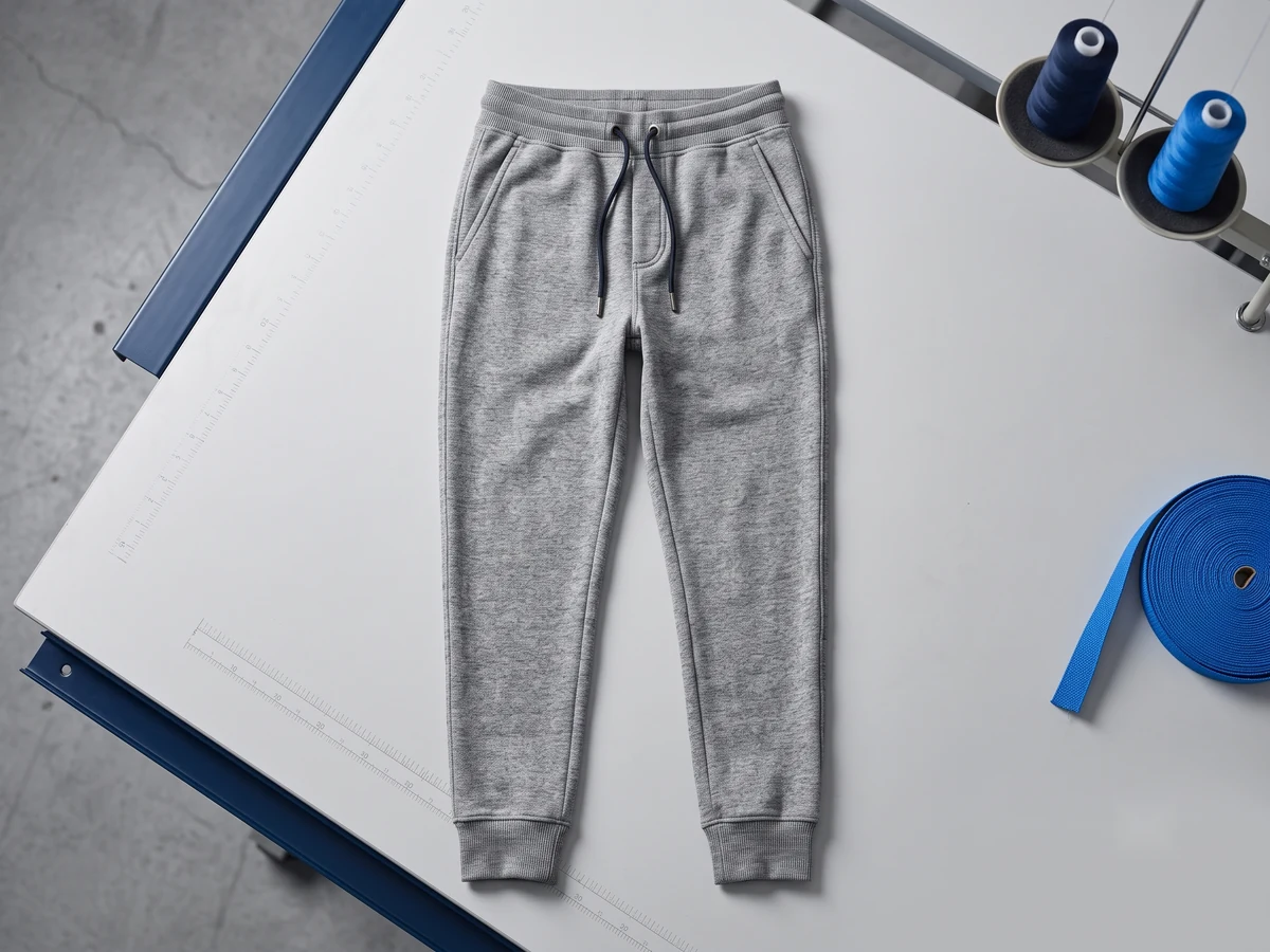 Custom jogger pants manufacturer — tapered French terry joggers with ribbed ankle cuffs on a factory finishing table