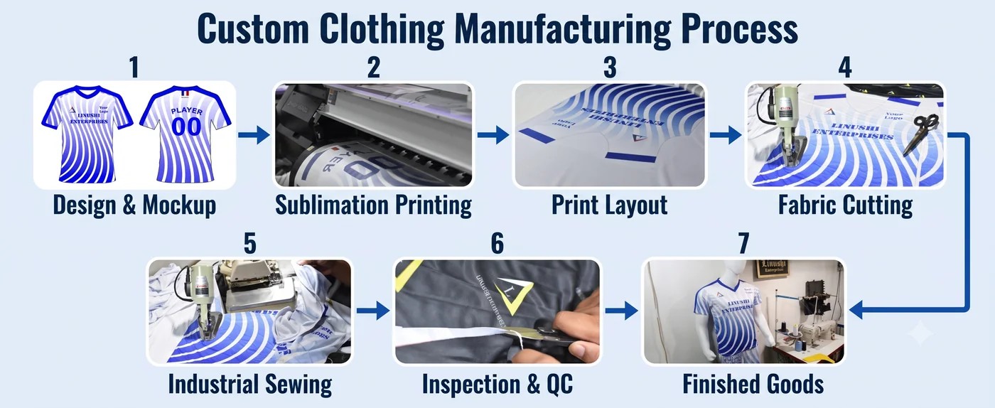 Custom clothing manufacturing process flow: design and mockup, sublimation printing, pattern layout, fabric cutting, industrial sewing, inspection and finished goods