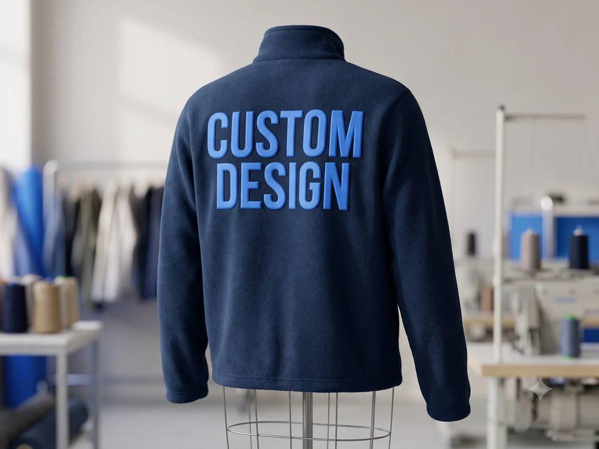 Navy custom polar fleece jacket with CUSTOM DESIGN print on the back panel, sewn by polar fleece jacket manufacturers at Linushi