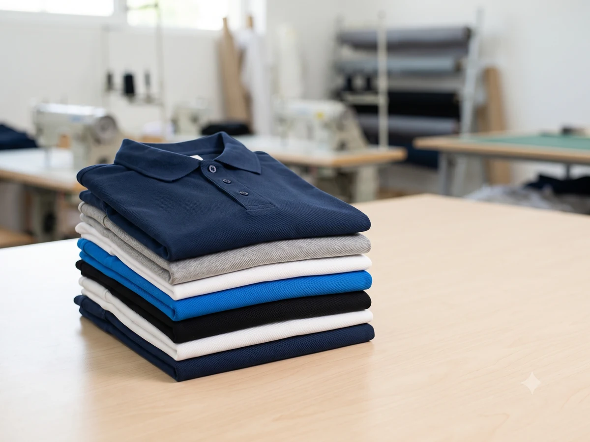 Custom piqué polos on the finishing line at a polo shirt manufacturer