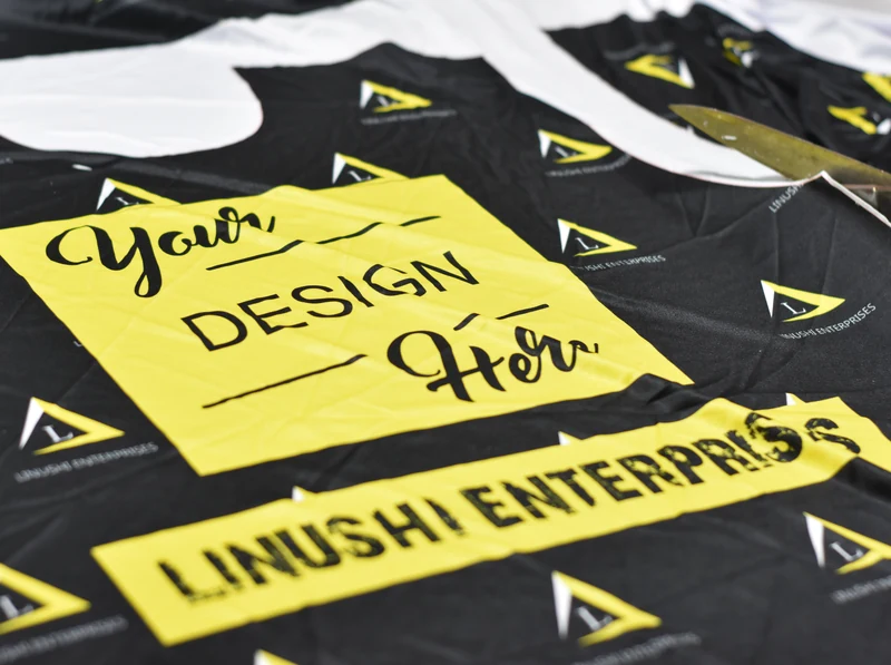 Private label clothing manufacturer — custom all-over-printed t-shirts with "your design here" branding by Linushi