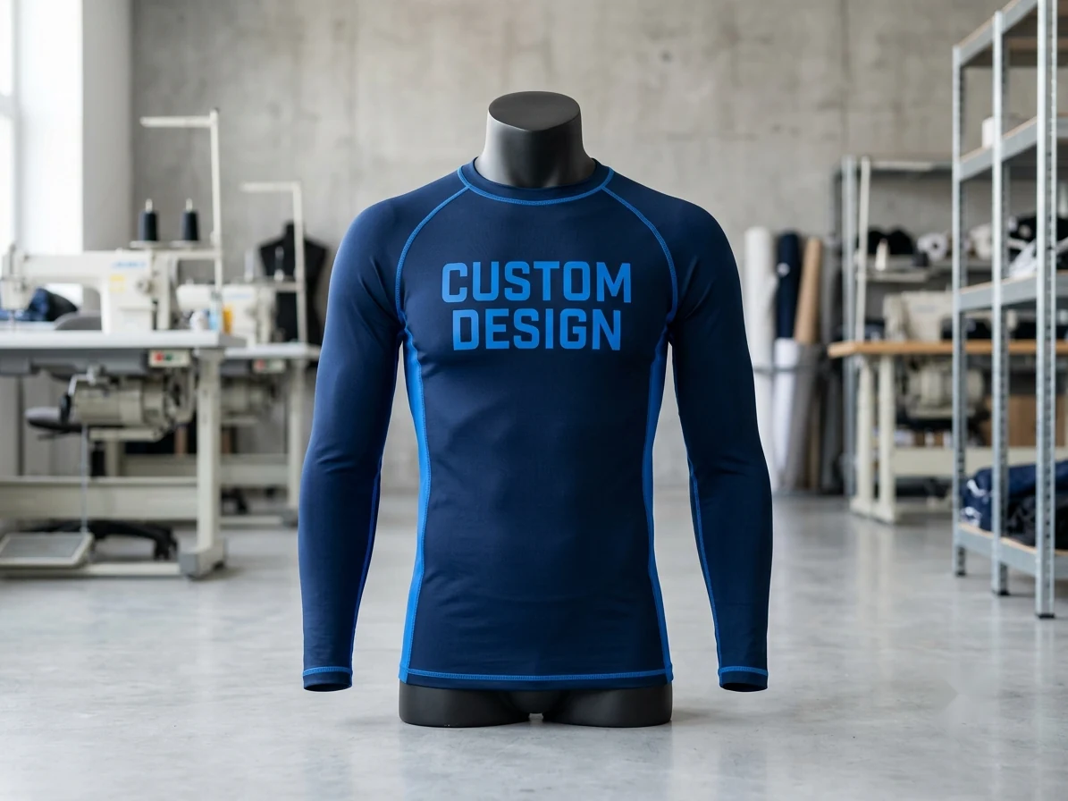 Custom rash guard manufacturer sample — long-sleeve poly-spandex rash guard with CUSTOM DESIGN print on the chest, displayed on a garment form