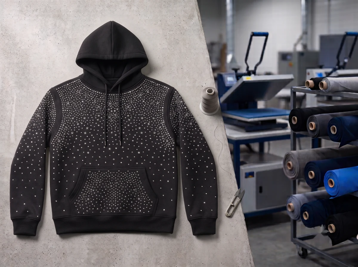 Rhinestone clothing manufacturer — custom hotfix rhinestone hoodie with all-over crystal design