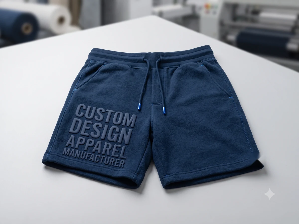 Navy fleece sweat shorts with a tonal CUSTOM DESIGN APPAREL MANUFACTURER puff print, sewn by shorts manufacturer Linushi for streetwear brands