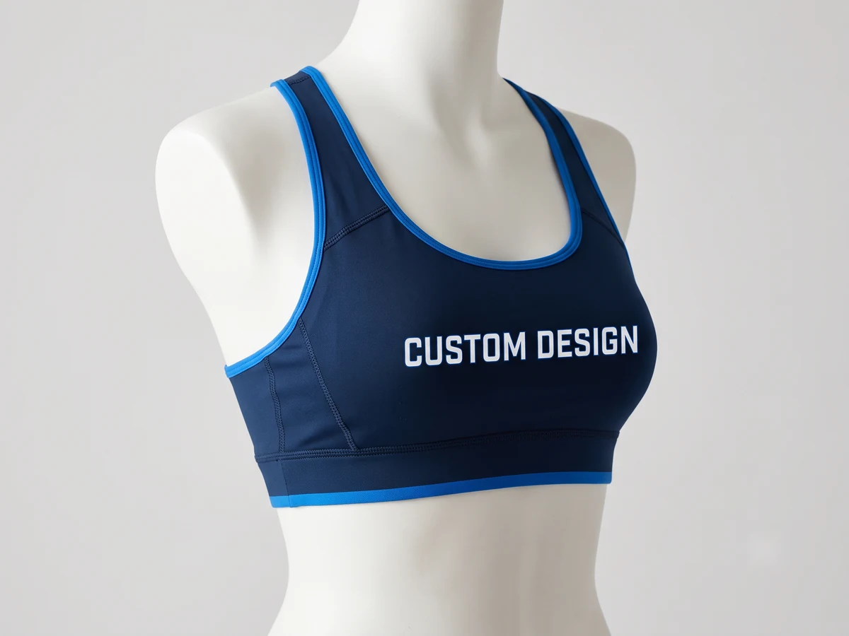 Sports bra manufacturer sample — racerback performance sports bra with custom design print on the chest band, displayed on a form