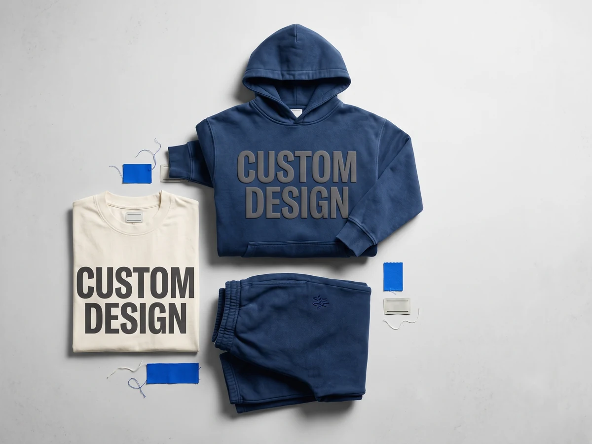 Custom streetwear manufacturer flat lay of a heavyweight hoodie and oversized tee with custom design prints and matching joggers