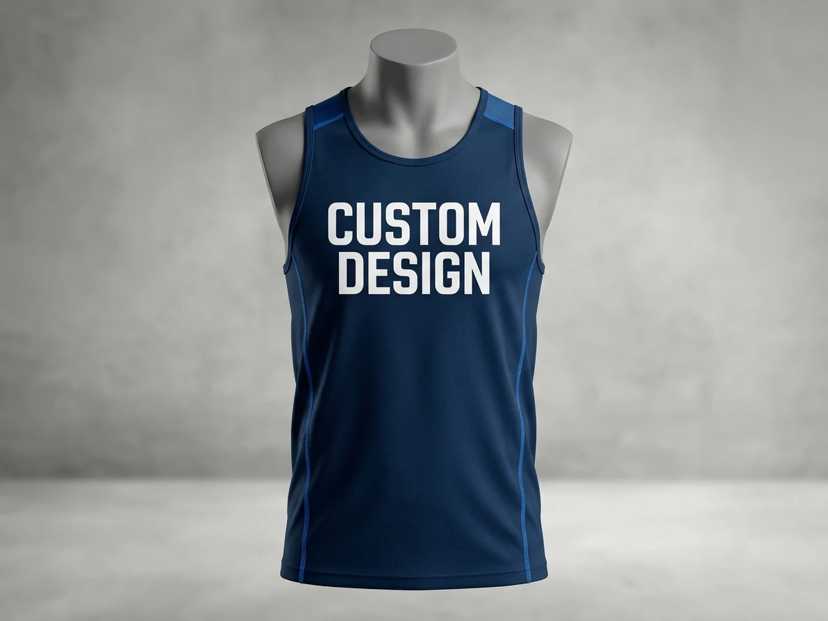 Custom tank top manufacturer sample — a navy performance gym tank top with a white CUSTOM DESIGN chest print, shown on a mannequin form