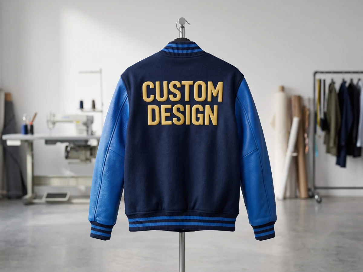 Varsity jacket manufacturer sample with wool melton body, contrast sleeves and custom design print on the back panel