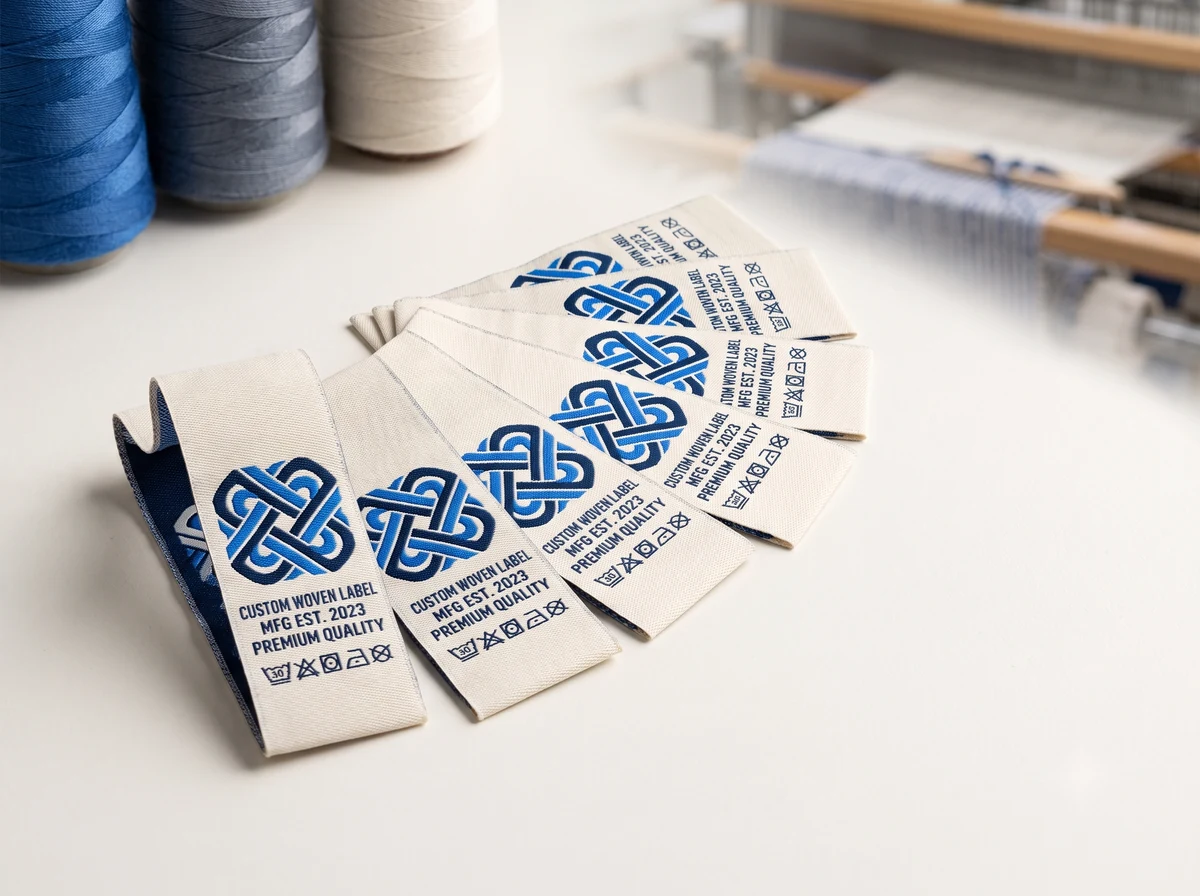 Custom woven label manufacturer — damask woven clothing labels with logo, folded and sew-on finishes