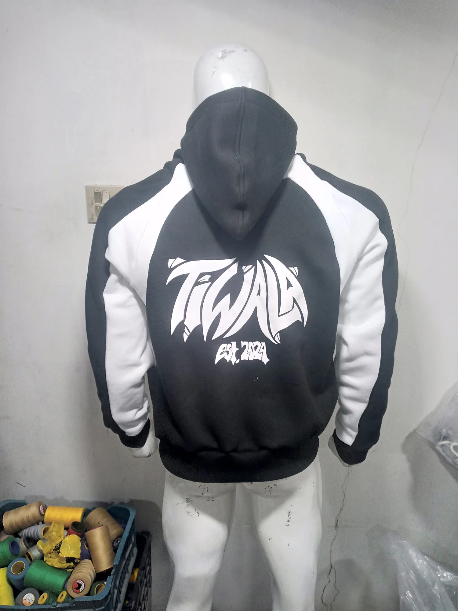 Black and white panelled hoodie with back print