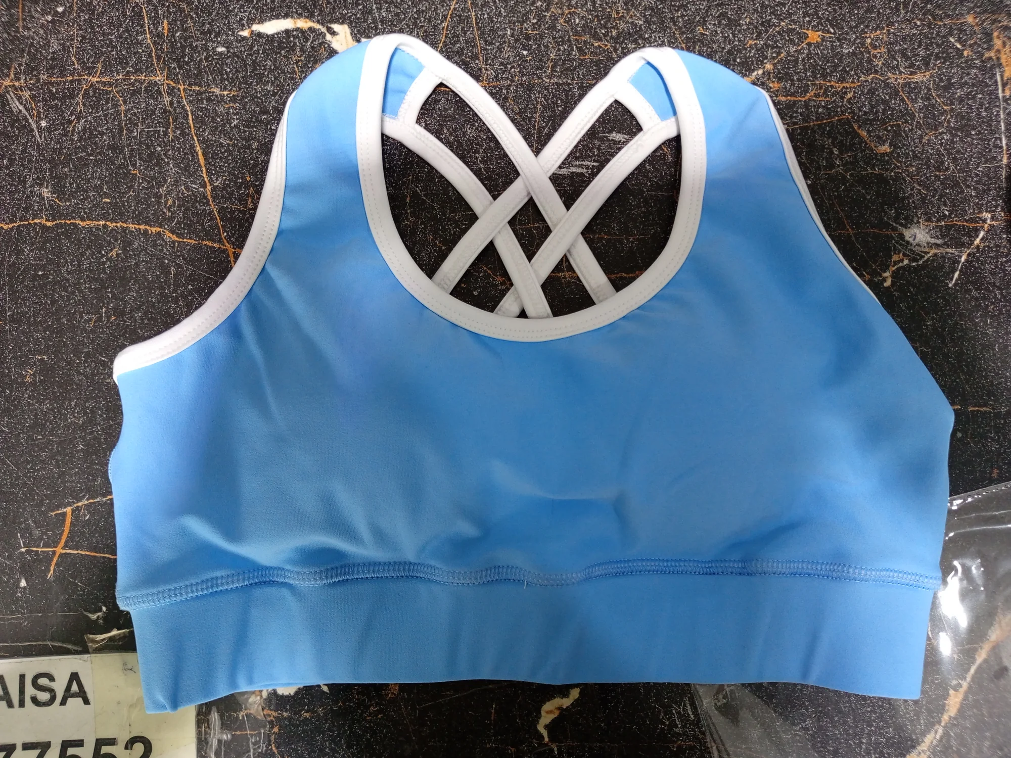 Blue sports bra with strappy cross back