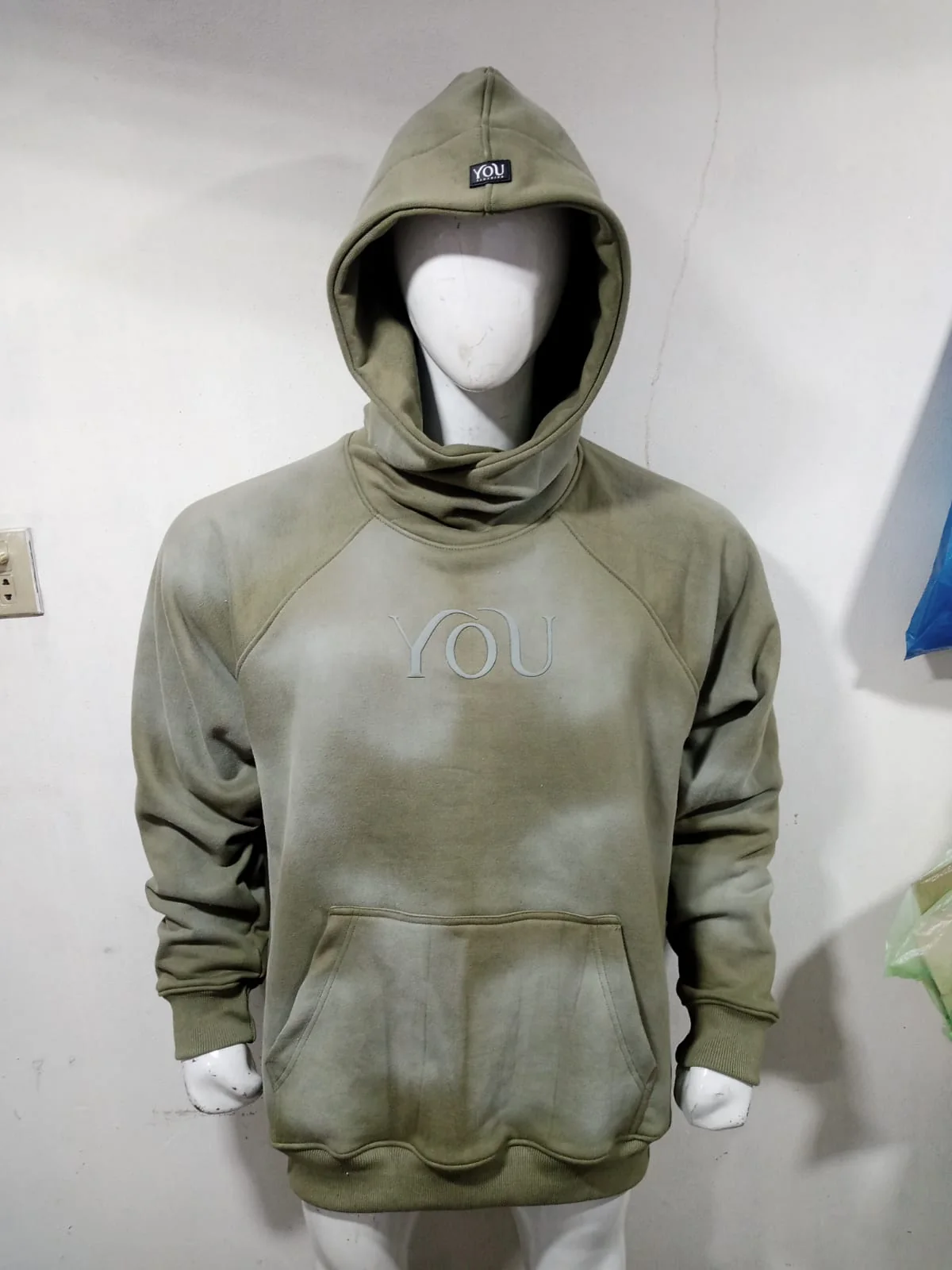 Custom olive hoodie with tonal puff print logo