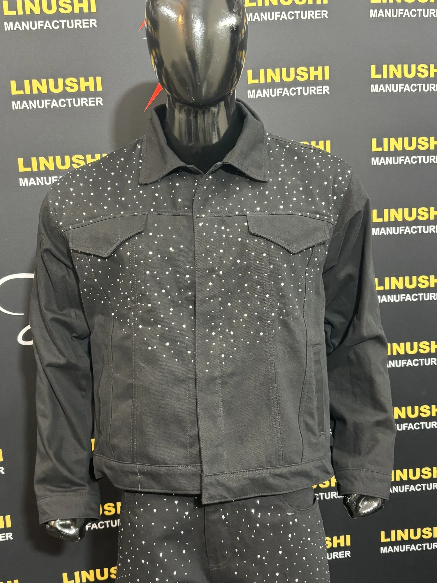 Custom rhinestone denim jacket made by Linushi Manufacturer